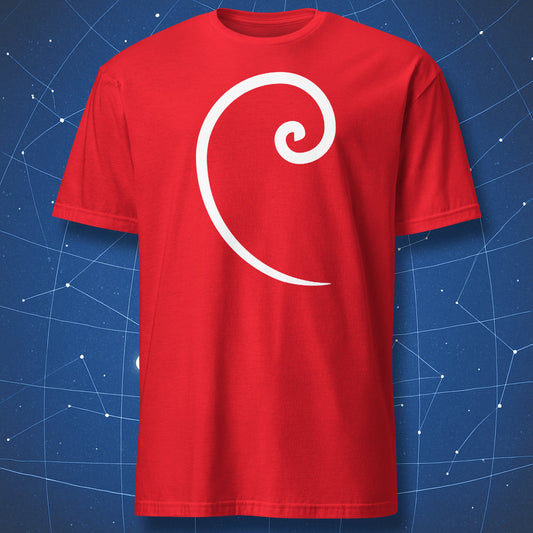 Red T-shirt with white Fibonacci spiral graphic – minimalist geometry and math shirt by DorkMatter.