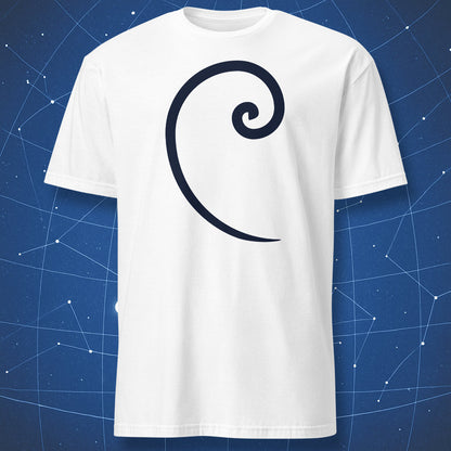 White T-shirt with navy Fibonacci spiral line design – minimal golden ratio shirt by DorkMatter.
