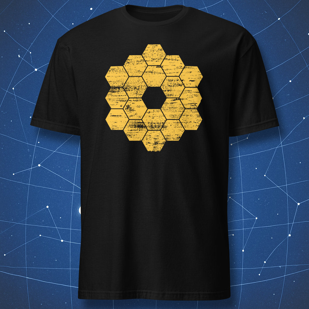 Black T-shirt with minimalist geometric design of the James Webb Space Telescope mirrors – distressed yellow-orange hexagon pattern by DorkMatter.