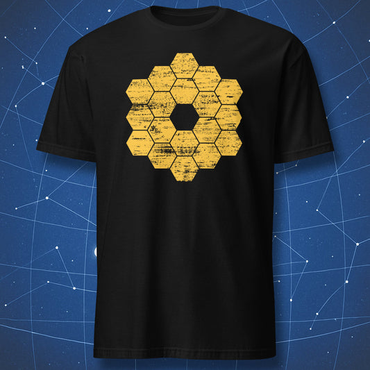 Black T-shirt with minimalist geometric design of the James Webb Space Telescope mirrors – distressed yellow-orange hexagon pattern by DorkMatter.