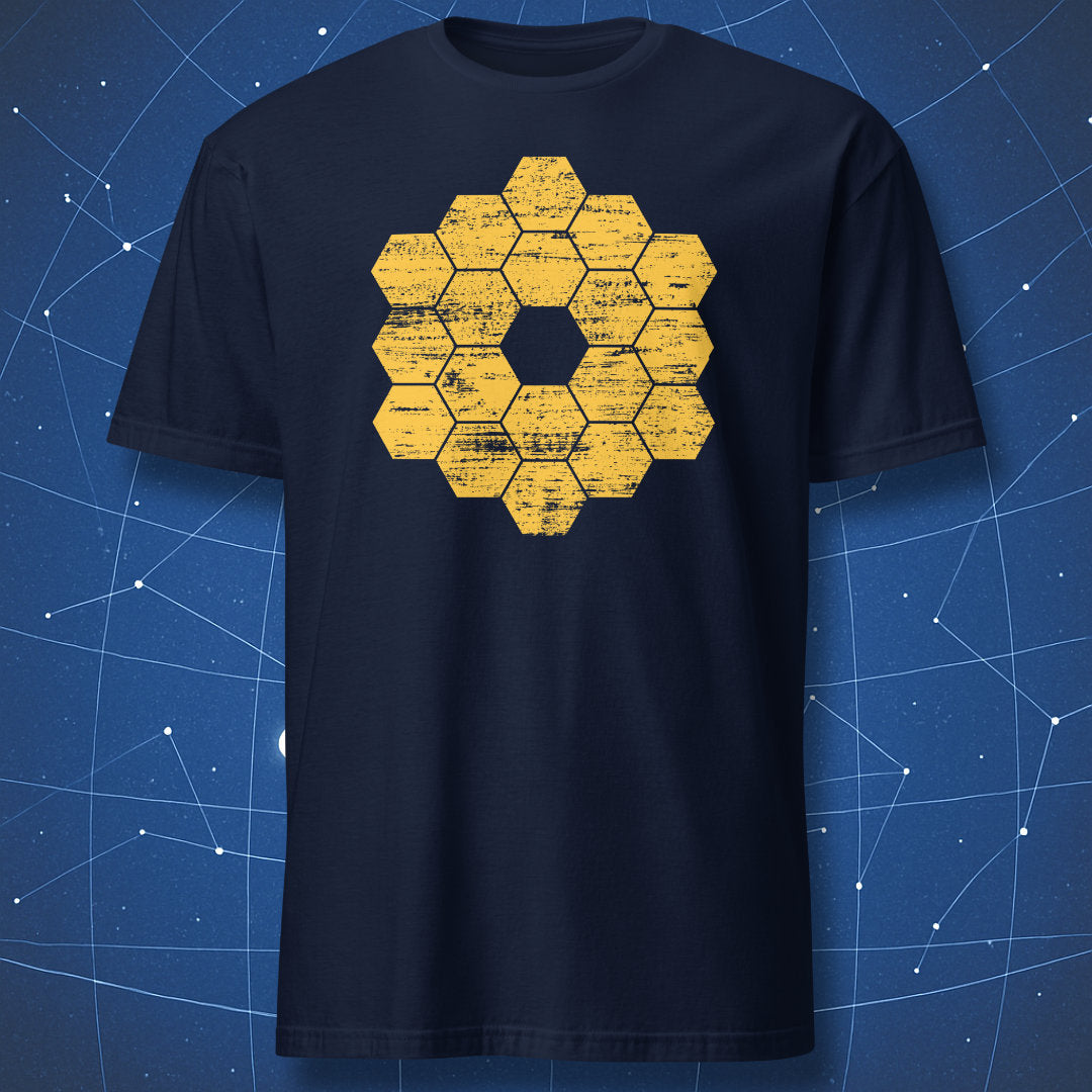 Navy blue T-shirt with JWST hexagonal mirror pattern – minimalist astronomy design by DorkMatter.