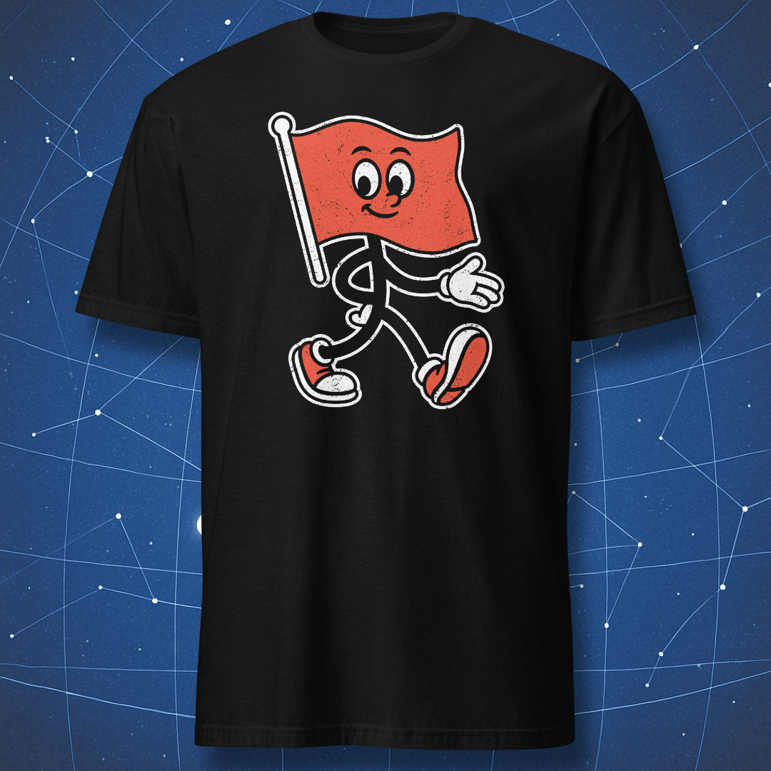 Black T-shirt with cartoon red flag character walking forward – funny bad boy humor shirt by DorkMatter.