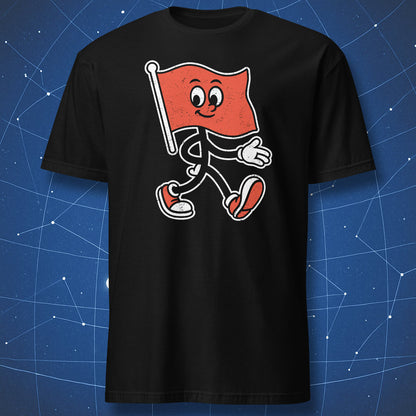 Black T-shirt with cartoon red flag character walking forward – funny bad boy humor shirt by DorkMatter.