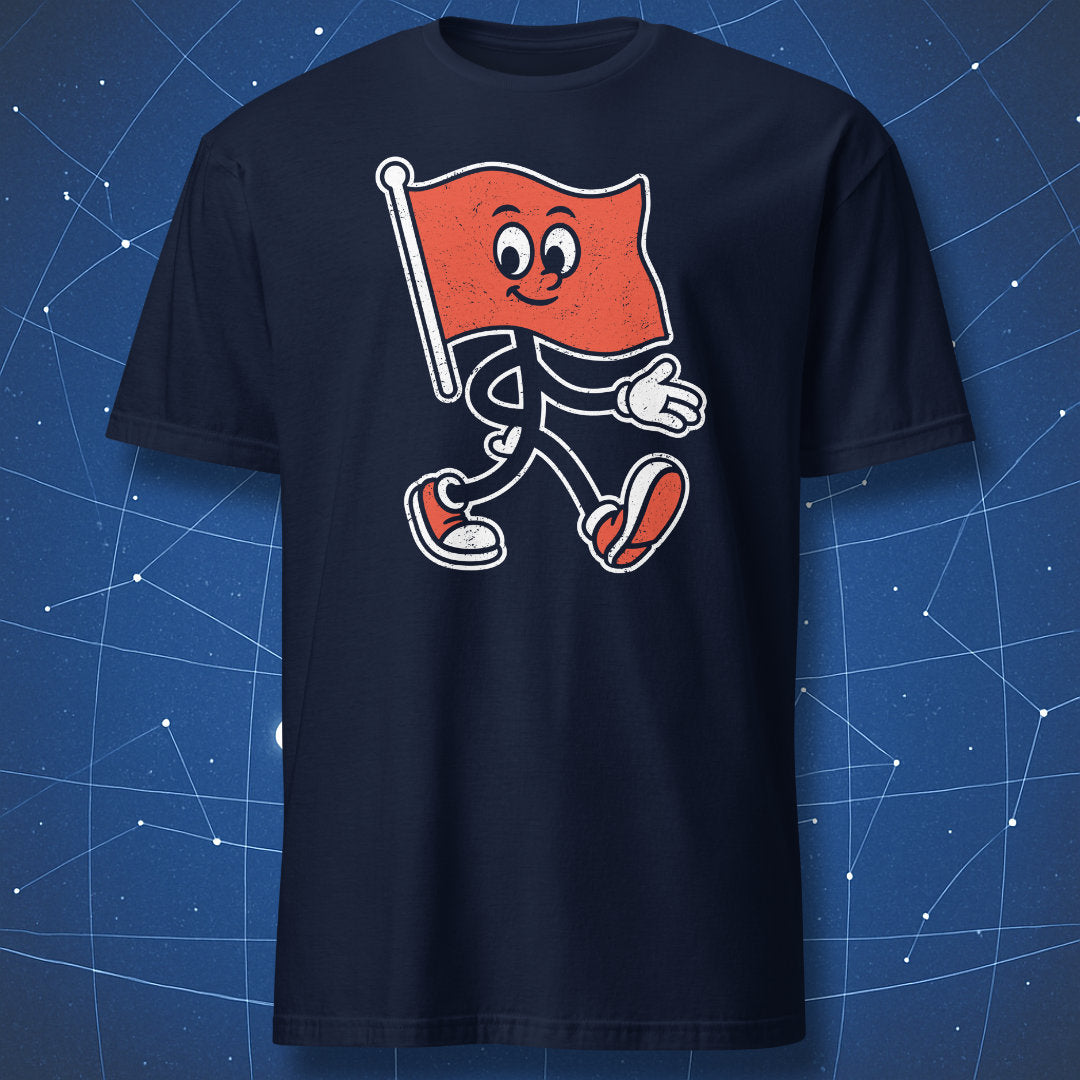 Navy blue T-shirt with walking red flag cartoon design – funny bad boy or bad girl T-shirt by DorkMatter.