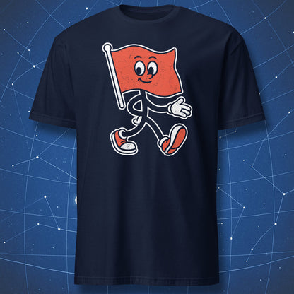 Navy blue T-shirt with walking red flag cartoon design – funny bad boy or bad girl T-shirt by DorkMatter.