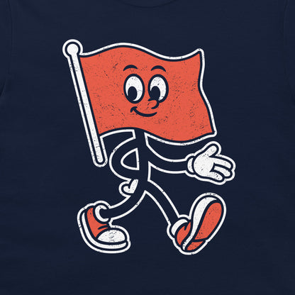 A navy blue t-shirt featuring a distressed graphic of a walking red flag mascot with a smiling face, white shoes, and a white outline.