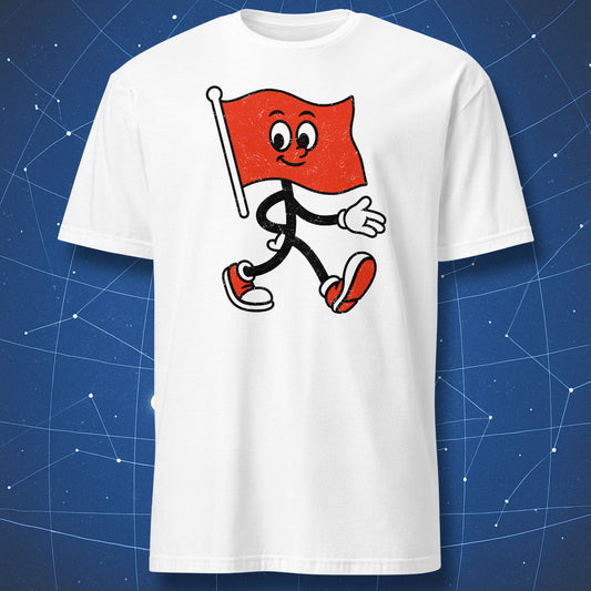 White T-shirt with cheerful red flag cartoon character walking forward – funny relationship humor tee by DorkMatter.