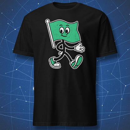 Black T-shirt with cartoon green flag character walking forward – funny nice guy humor shirt by DorkMatter.