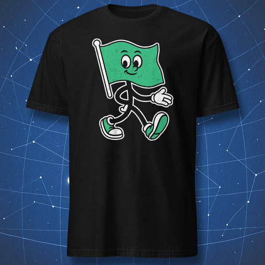 Black T-shirt with cartoon green flag character walking forward – funny nice guy humor shirt by DorkMatter.
