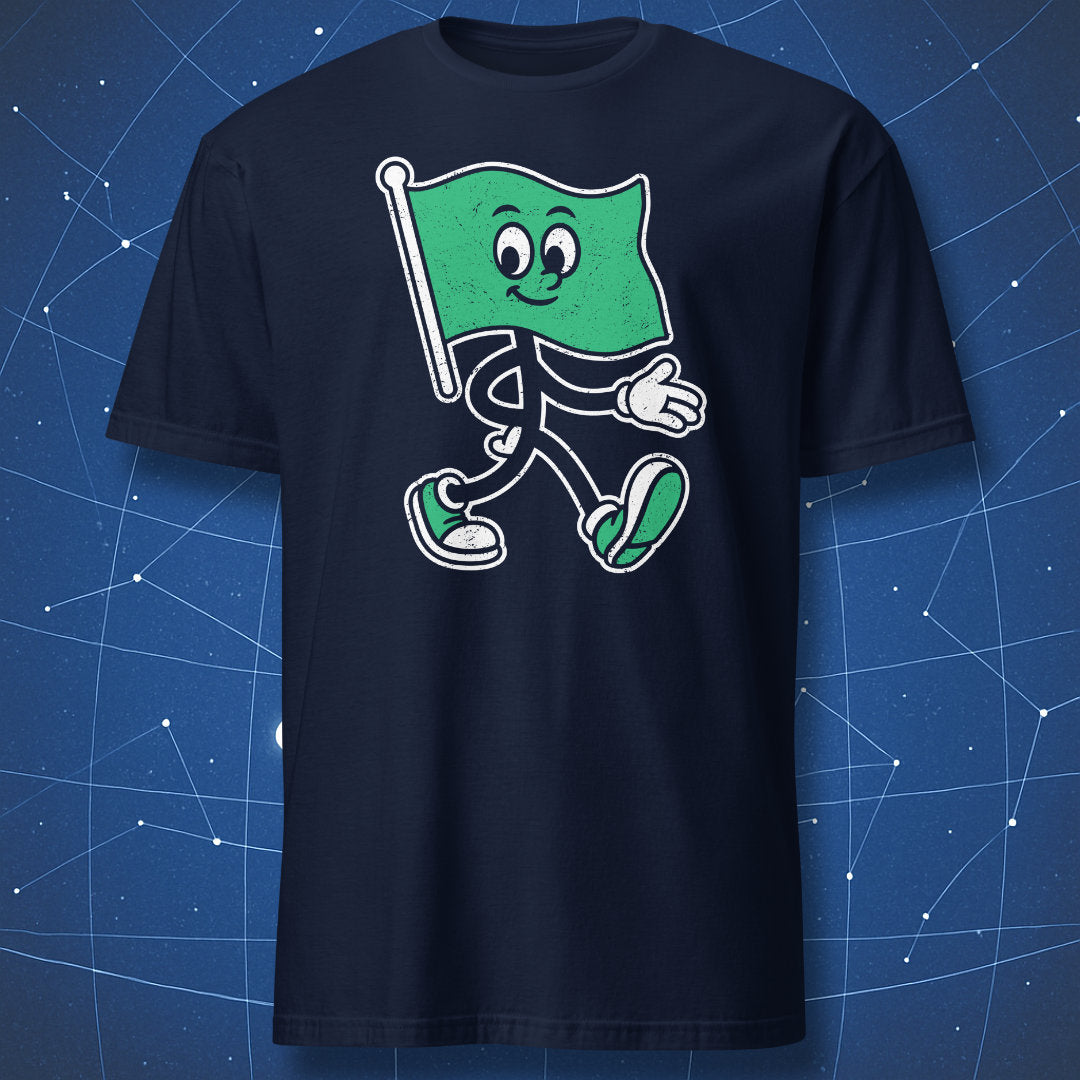Navy blue T-shirt with walking green flag cartoon design – funny nice guy or nice girl T-shirt by DorkMatter.