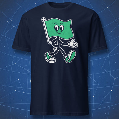 Navy blue T-shirt with walking green flag cartoon design – funny nice guy or nice girl T-shirt by DorkMatter.