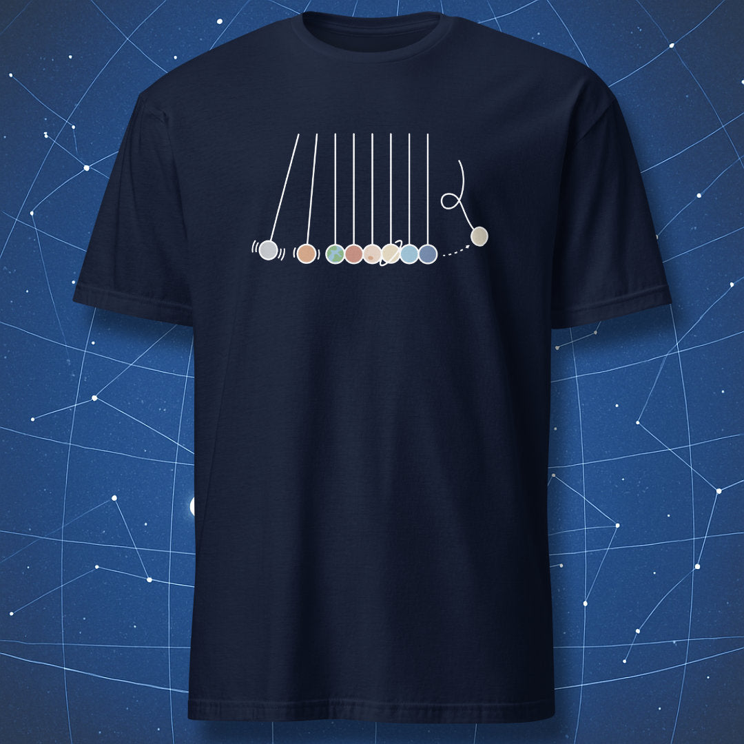 Navy blue t-shirt with  Pluto detached from Newton’s cradle — knocked away by the impact of the other planets. – funny astronomy T-shirt by DorkMatter