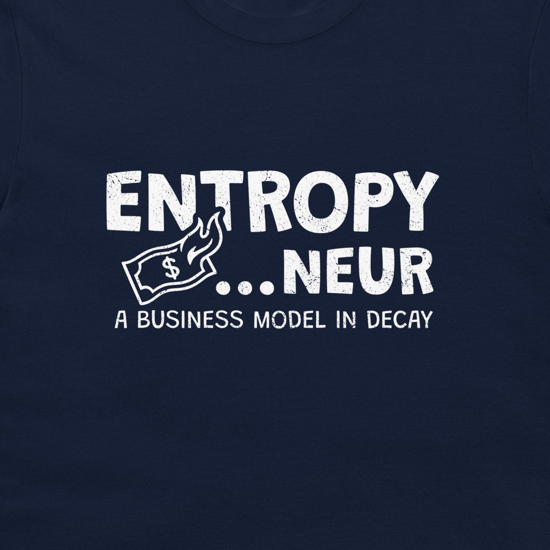 A close-up of a navy blue t-shirt featuring a distressed white graphic print that reads 'ENTROPY..NEUR' .