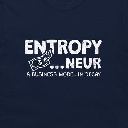 A close-up of a navy blue t-shirt featuring a distressed white graphic print that reads 'ENTROPY..NEUR' .