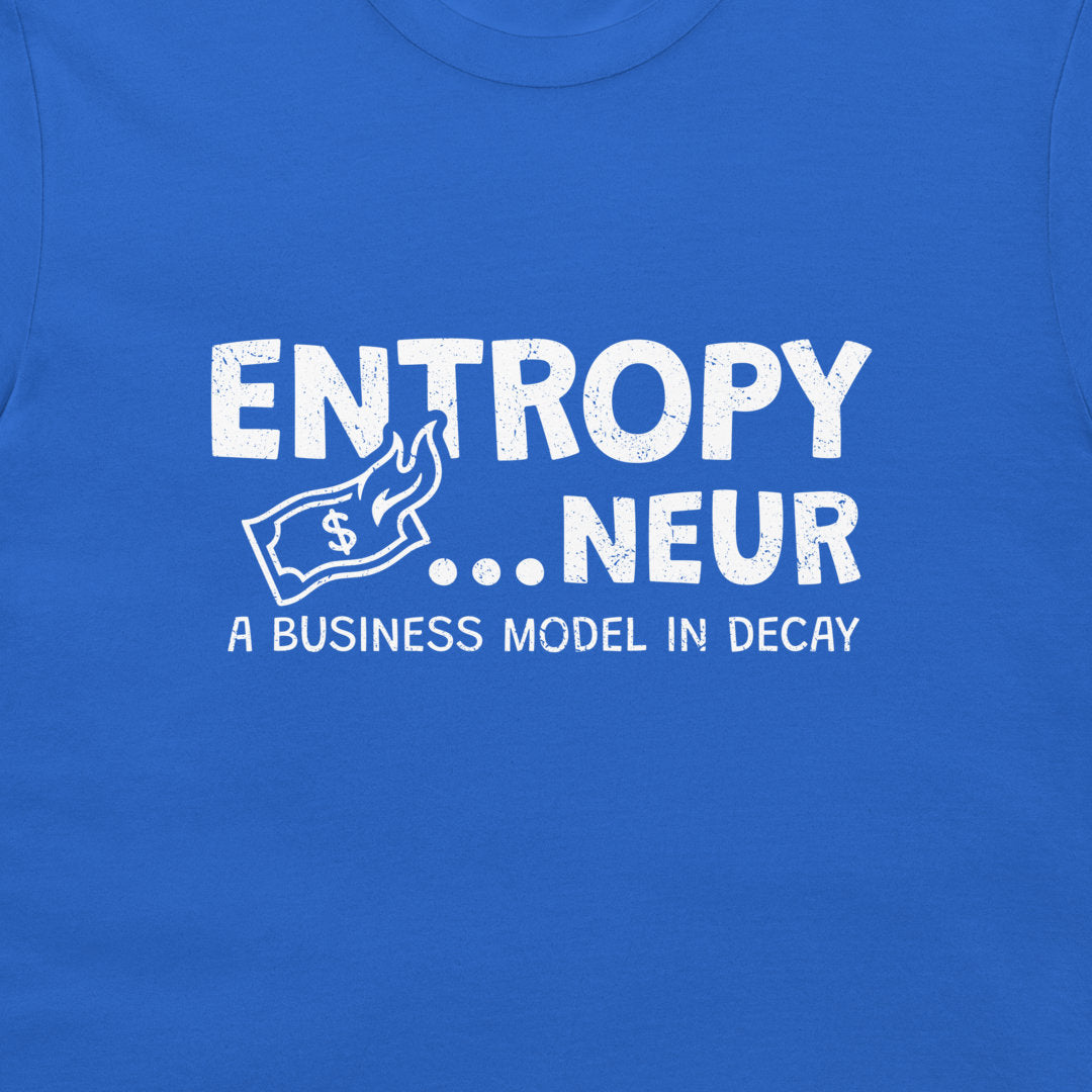 A close-up of a royal blue t-shirt featuring a white graphic print that reads 'ENTROPY..NEUR' .
