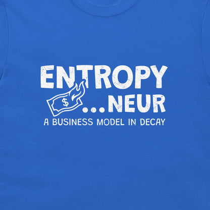 A close-up of a royal blue t-shirt featuring a white graphic print that reads 'ENTROPY..NEUR' .