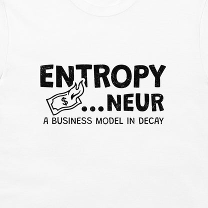 A white long-sleeve t-shirt featuring a black distressed graphic print that reads 'ENTROPY..NEUR' .