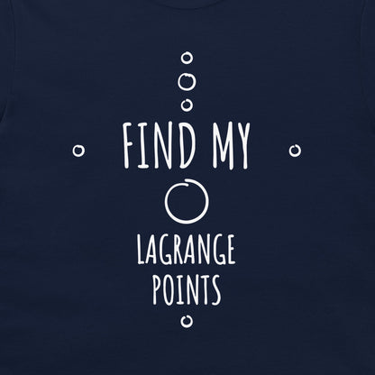 A close-up of a navy blue t-shirt, featuring a white graphic print that reads 'FIND MY LAGRANGE POINTS' with mathematical bubble and circle symbols.