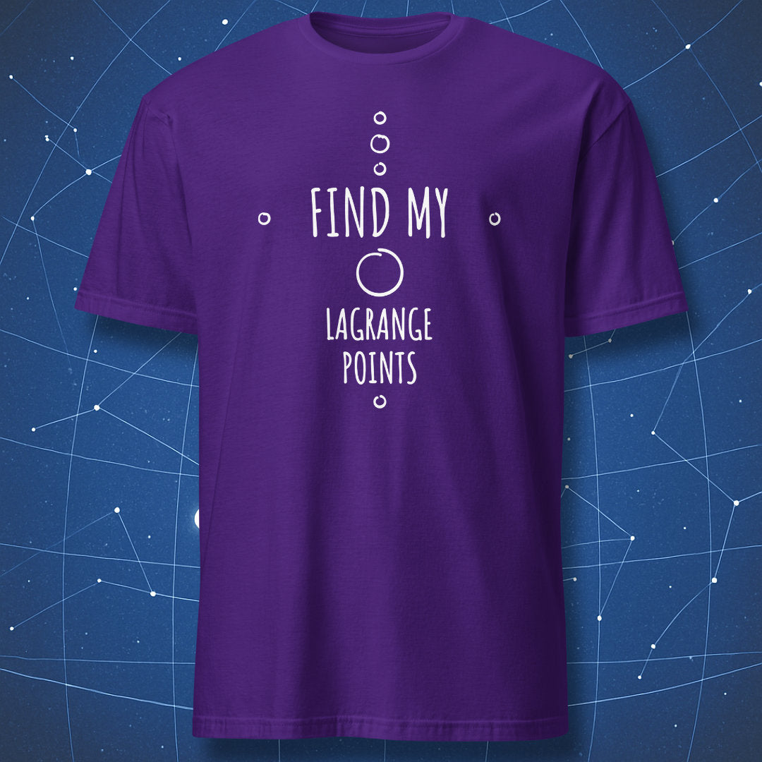 funny astrophysics T-shirt on purple fabric with light-colored line art and text “Find My Lagrange Points” styled like a diagram of orbital points