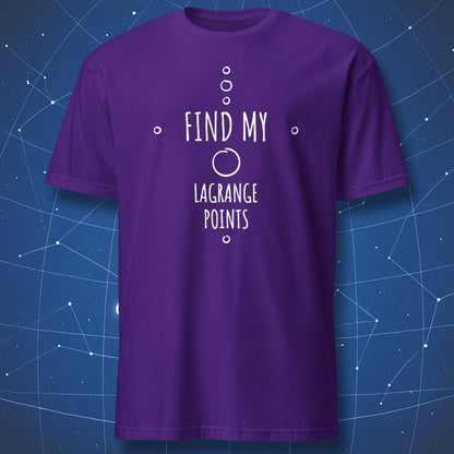 funny astrophysics T-shirt on purple fabric with light-colored line art and text “Find My Lagrange Points” styled like a diagram of orbital points