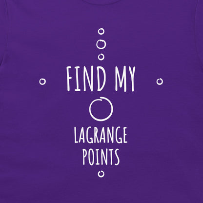 A close-up of a purple t-shirt featuring a white graphic print that reads 'FIND MY LAGRANGE POINTS' with abstract circle and dot illustrations.