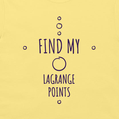 A pale yellow t-shirt featuring a dark purple graphic print that reads 'FIND MY LAGRANGE POINTS' with mathematical circle and dot symbols.