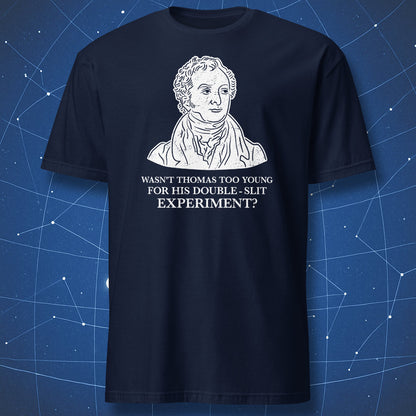 Navy blue t-shirt with a graphic of Thomas Young and text on a blue geometric background