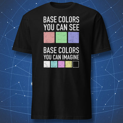 Funny science and art humor shirt — pastel color blocks on black tee.