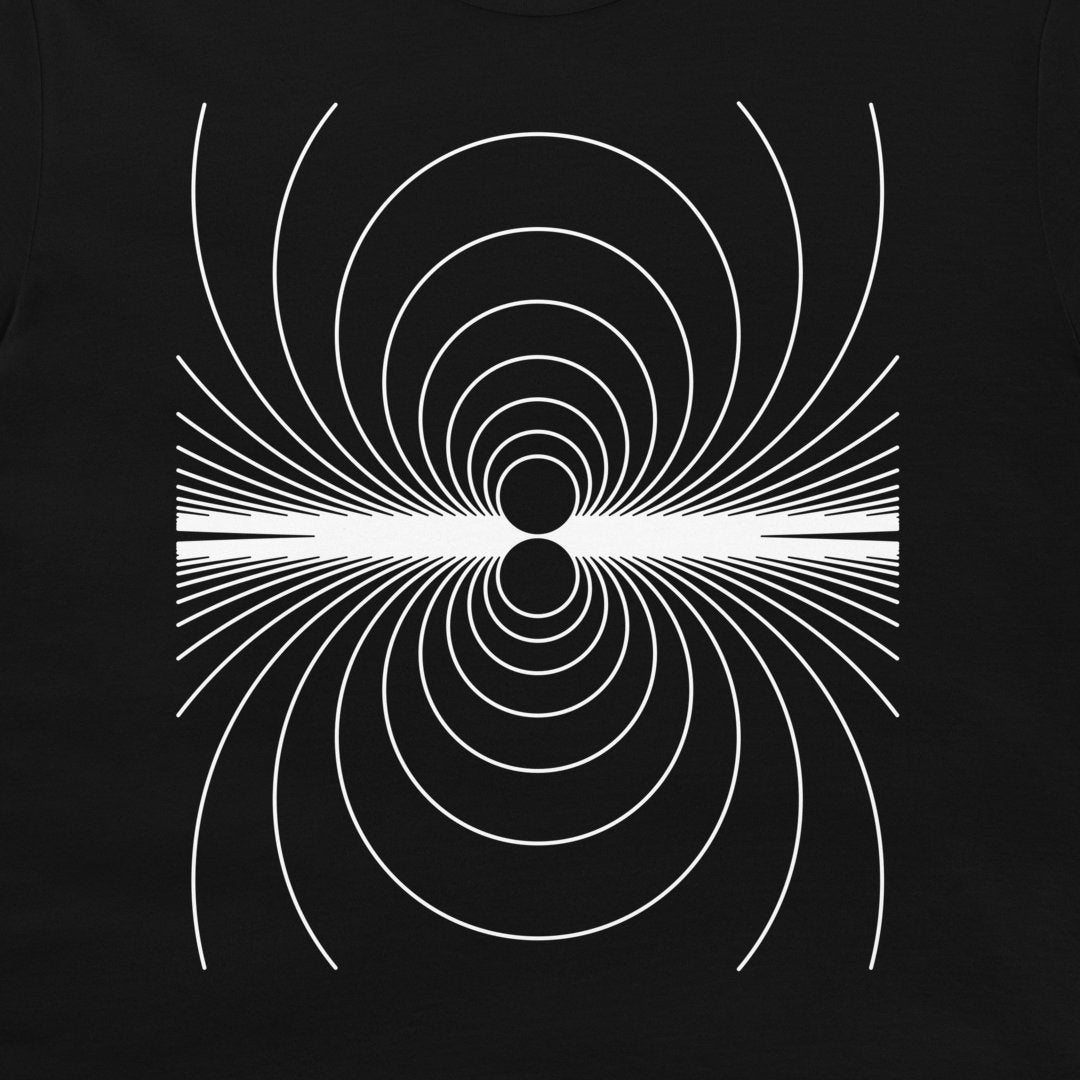 A black t-shirt featuring a white geometric line art graphic of concentric circles and radiating lines forming a symmetrical, tunnel-like pattern.