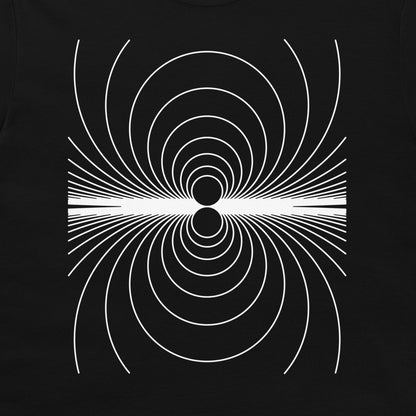 A black t-shirt featuring a white geometric line art graphic of concentric circles and radiating lines forming a symmetrical, tunnel-like pattern.