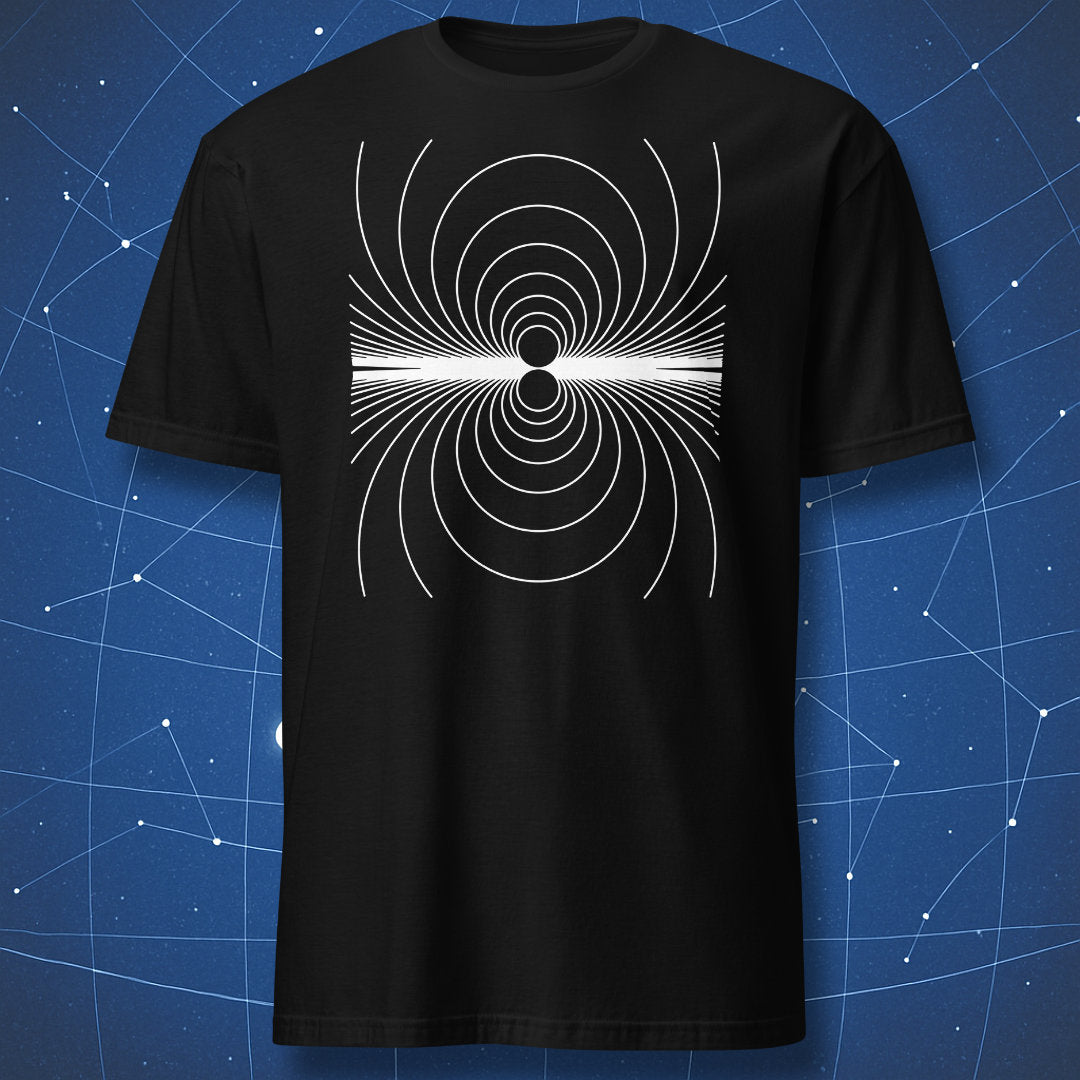 My Magnetism” black T-shirt — white line magnetic field diagram.