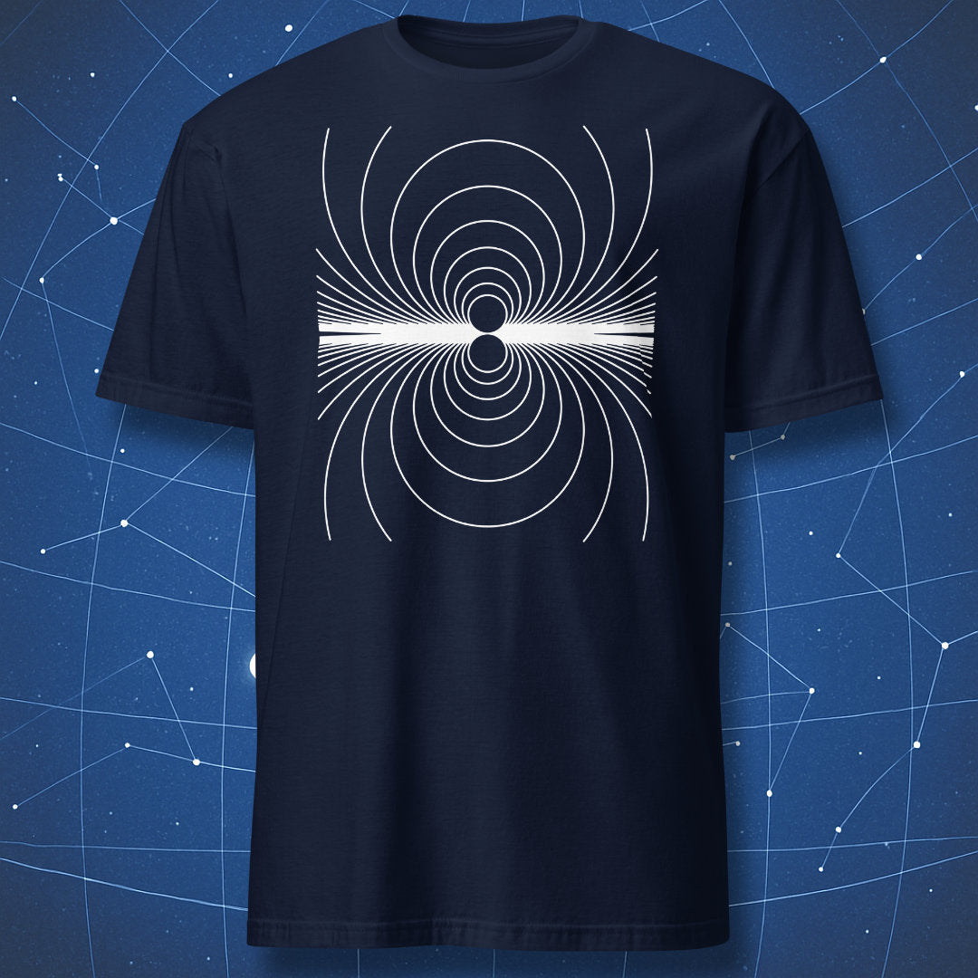 Navy physics T-shirt with magnetic field line art and “My Magnetism” concept.