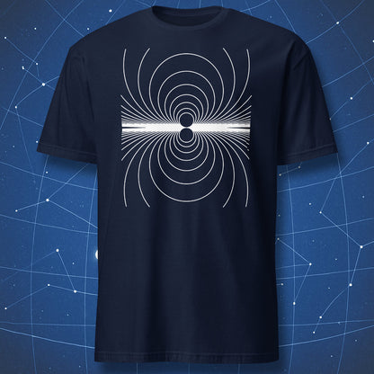 Navy physics T-shirt with magnetic field line art and “My Magnetism” concept.