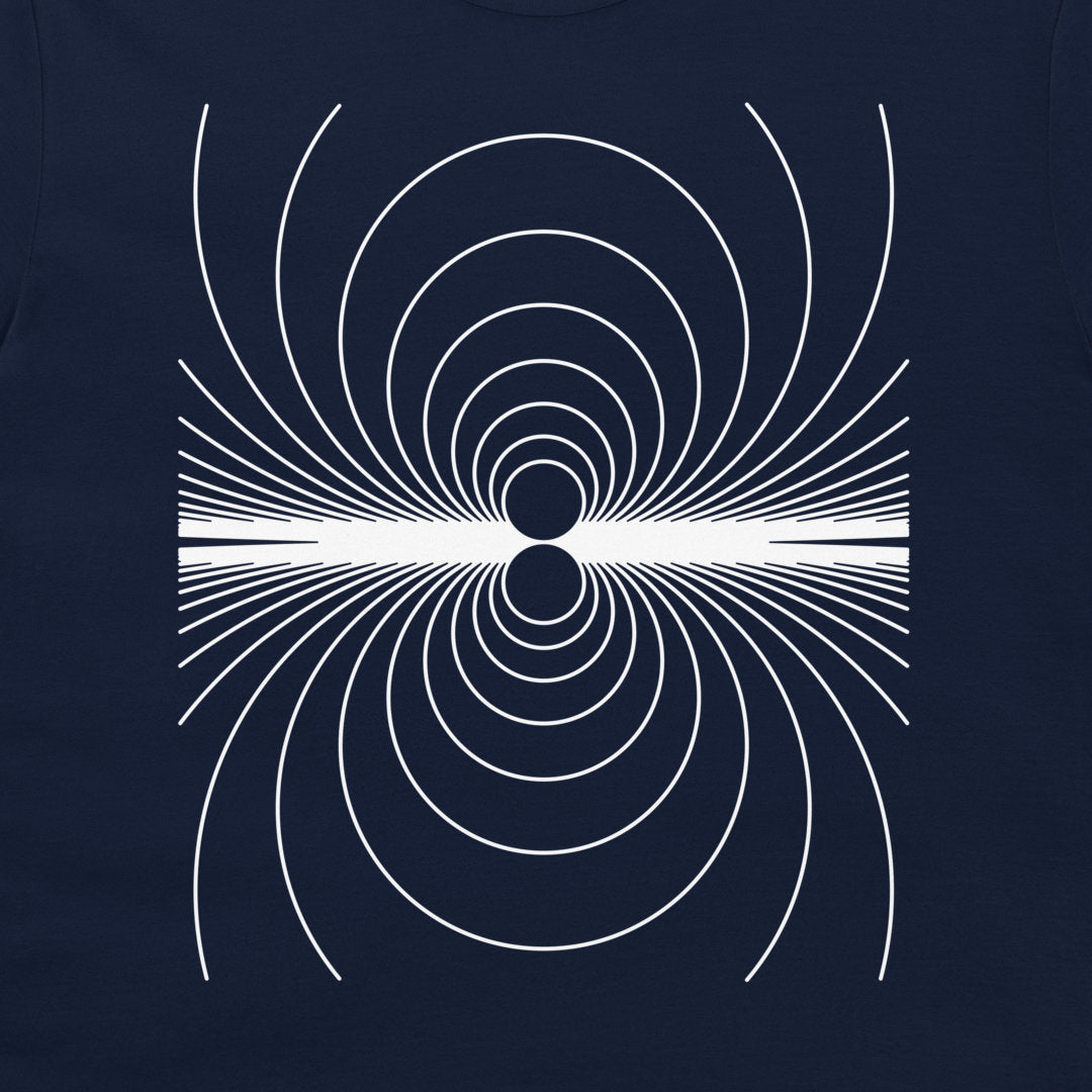 A navy blue t-shirt featuring a white geometric line-art graphic of concentric circles and radiating lines, centered on the chest.