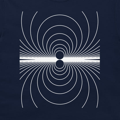 A navy blue t-shirt featuring a white geometric line-art graphic of concentric circles and radiating lines, centered on the chest.