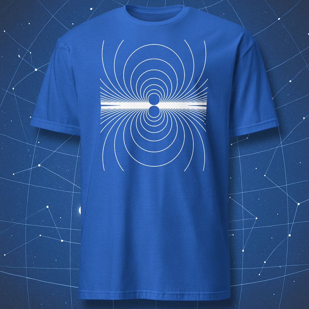 Royal blue “My Magnetism” T-shirt with minimalist field line graphic.