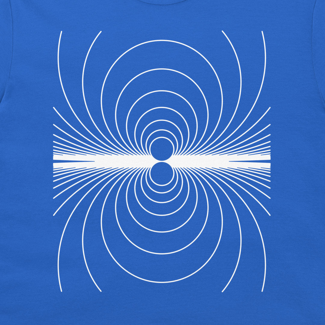 A close-up of a royal blue t-shirt featuring a white geometric line-art graphic of concentric circles and radiating lines.