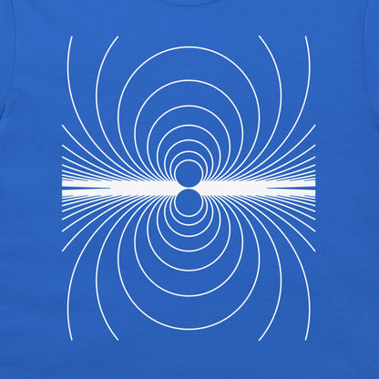 A close-up of a royal blue t-shirt featuring a white geometric line-art graphic of concentric circles and radiating lines.