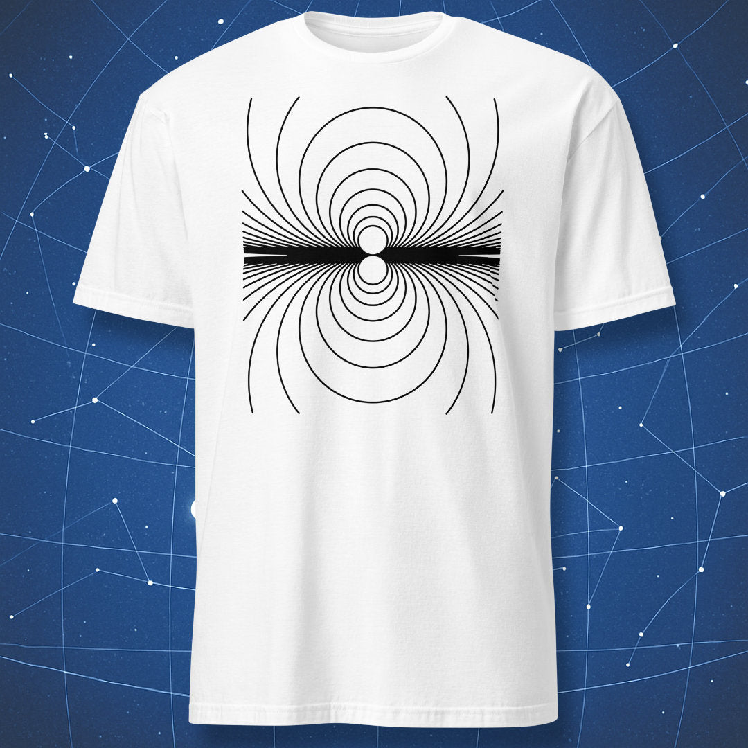 “My Magnetism” white T-shirt with black magnetic field line diagram.