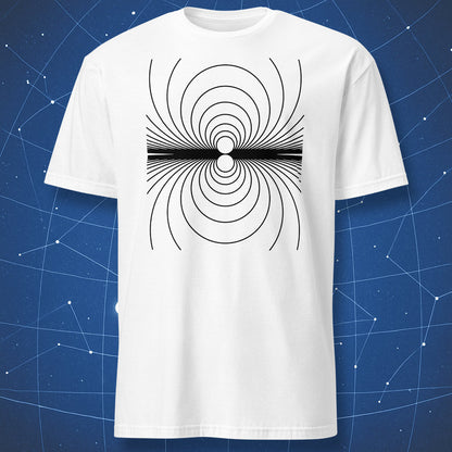 “My Magnetism” white T-shirt with black magnetic field line diagram.