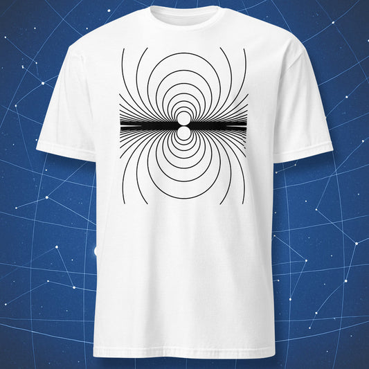 “My Magnetism” white T-shirt with black magnetic field line diagram.