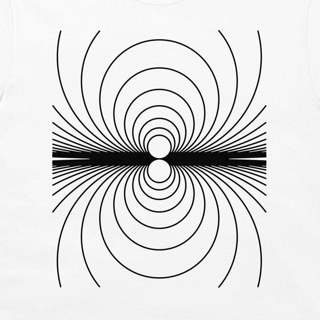 A white t-shirt featuring a black geometric graphic of concentric circles and radiating lines, resembling magnetic field lines, centered on the chest.