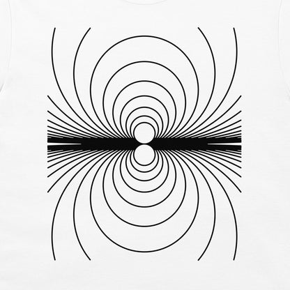 A white t-shirt featuring a black geometric graphic of concentric circles and radiating lines, resembling magnetic field lines, centered on the chest.