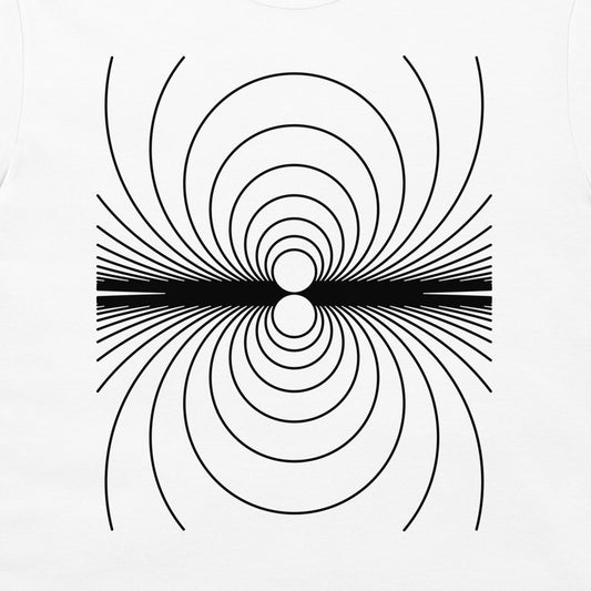 A white t-shirt featuring a black geometric graphic of concentric circles and radiating lines, resembling magnetic field lines, centered on the chest.