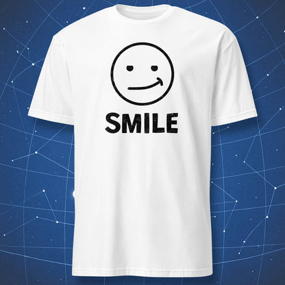 “Fake Smile” white T-shirt with simple smiley face and ironic caption.