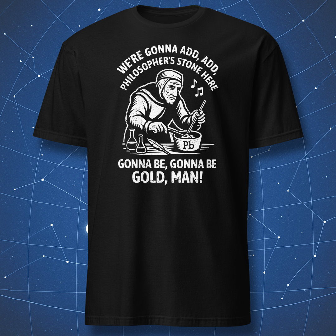 Funny K-pop parody shirt — alchemist turning lead to gold in chalk-style print.