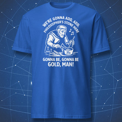 Royal blue “Lead Single” T-shirt — white line art of alchemist mixing elements.