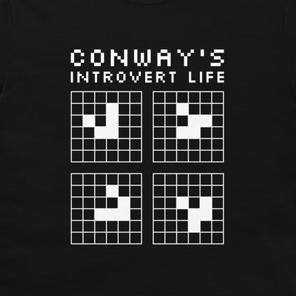 A black graphic t-shirt featuring white pixel art text that reads 'CONWAY'S INTROVERT LIFE' above four white grid squares containing pixelated shapes, shown on a black background.