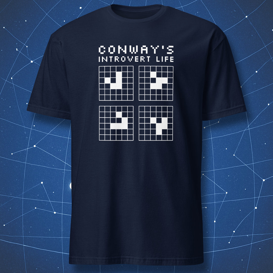 Chalk-white pixel pattern of Conway’s glider sequence with “Conway’s Introvert Life” text, printed on navy cotton tee.
