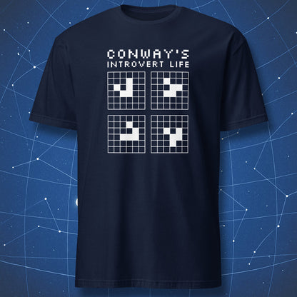 Chalk-white pixel pattern of Conway’s glider sequence with “Conway’s Introvert Life” text, printed on navy cotton tee.